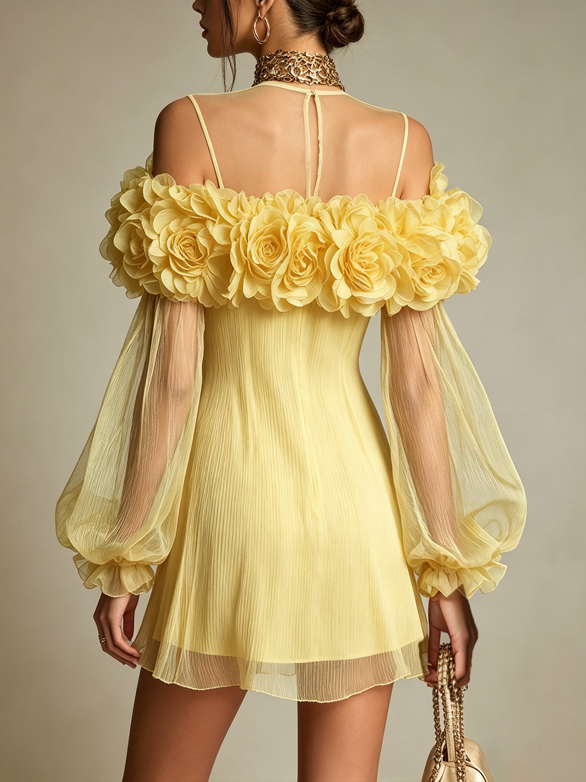 Liziana | Yellow Pleated Floral Mini Dress