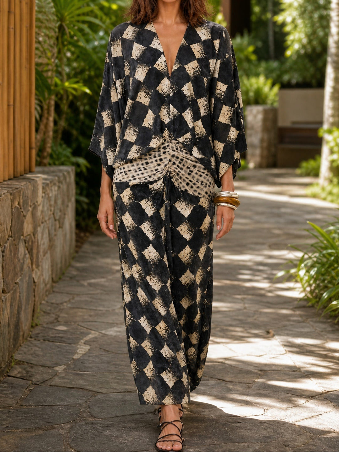 Meeria | Printed V Neck Ruched Maxi Dress