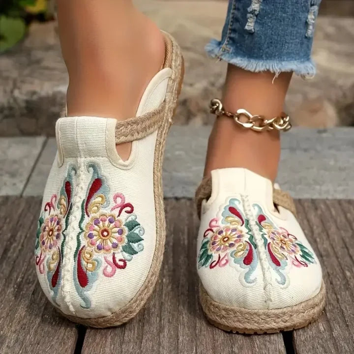 Katy | Floral Embroidered Cotton Mule Sandals