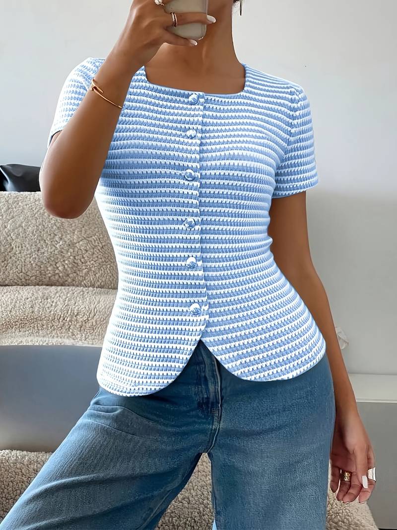 Airam | Short Sleeve Striped Square Neck Top