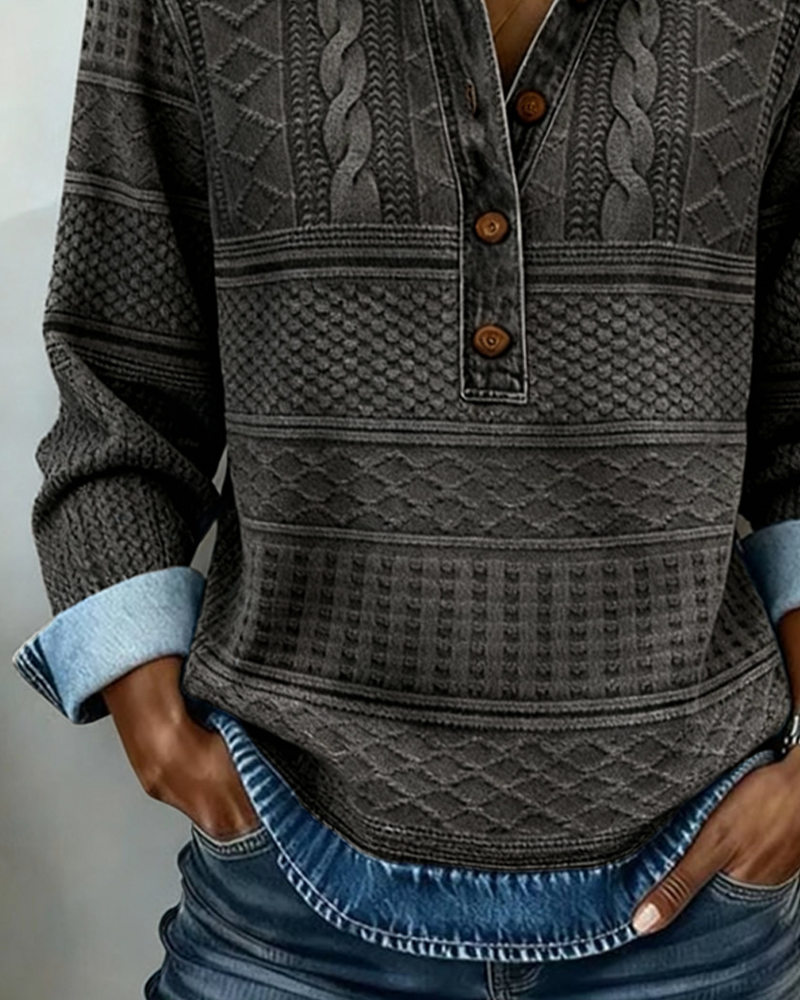 Melkorka | Textured Half Button Collared Sweatshirt