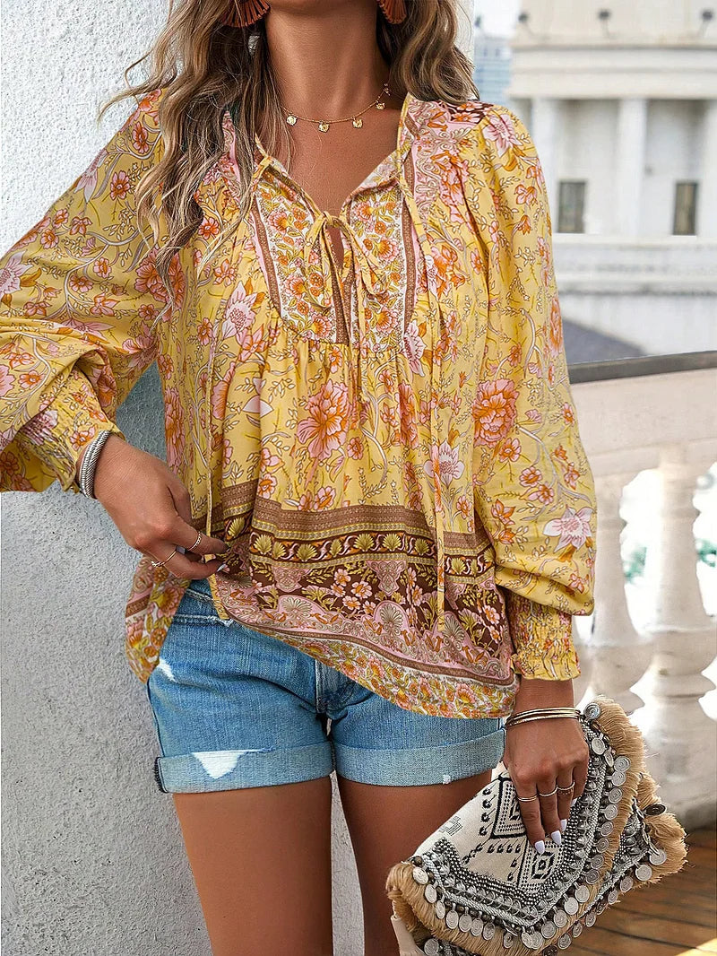 Sallie - Printed Tie Neck Long Sleeve Blouse