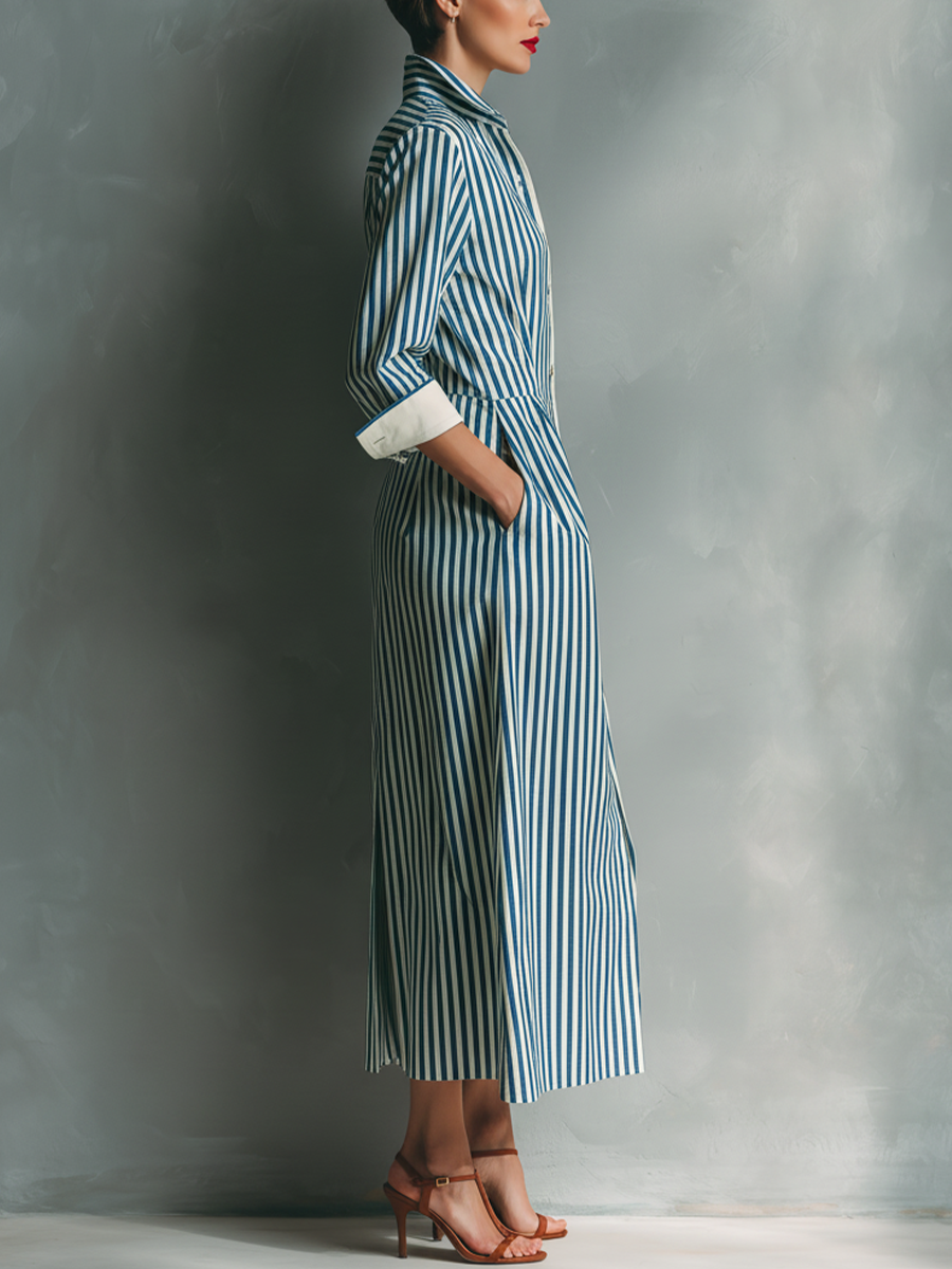 Makeda | Striped Long Sleeve Shirt Midi Dress