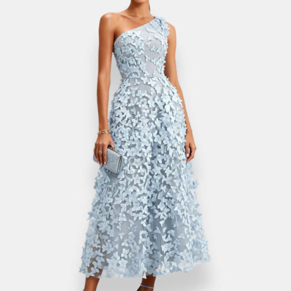 Suniya | Midi Dress One Shoulder Floral Appliqué Overlay