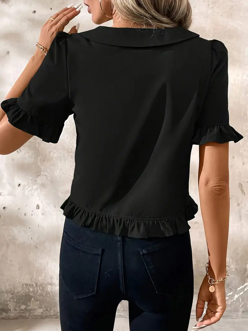 Foteini - Short Sleeve Ruffle Hem Button Blouse