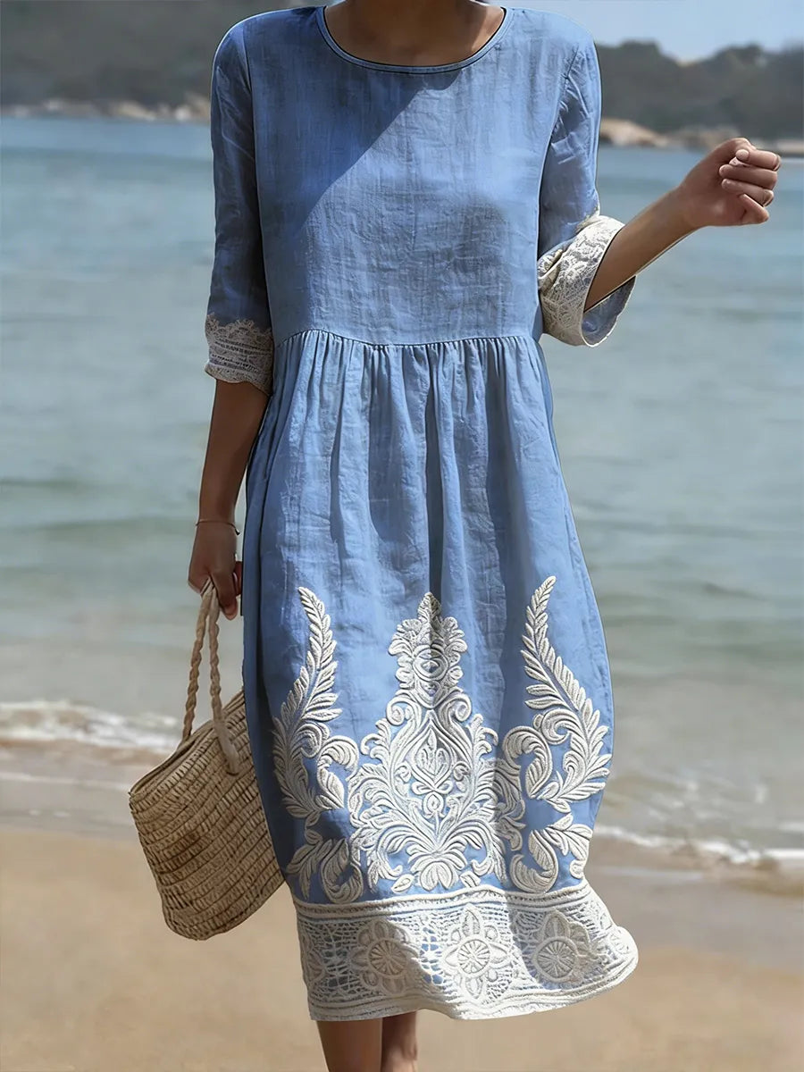 Zarena | Embroidered Three Quarter Sleeve Midi Dress