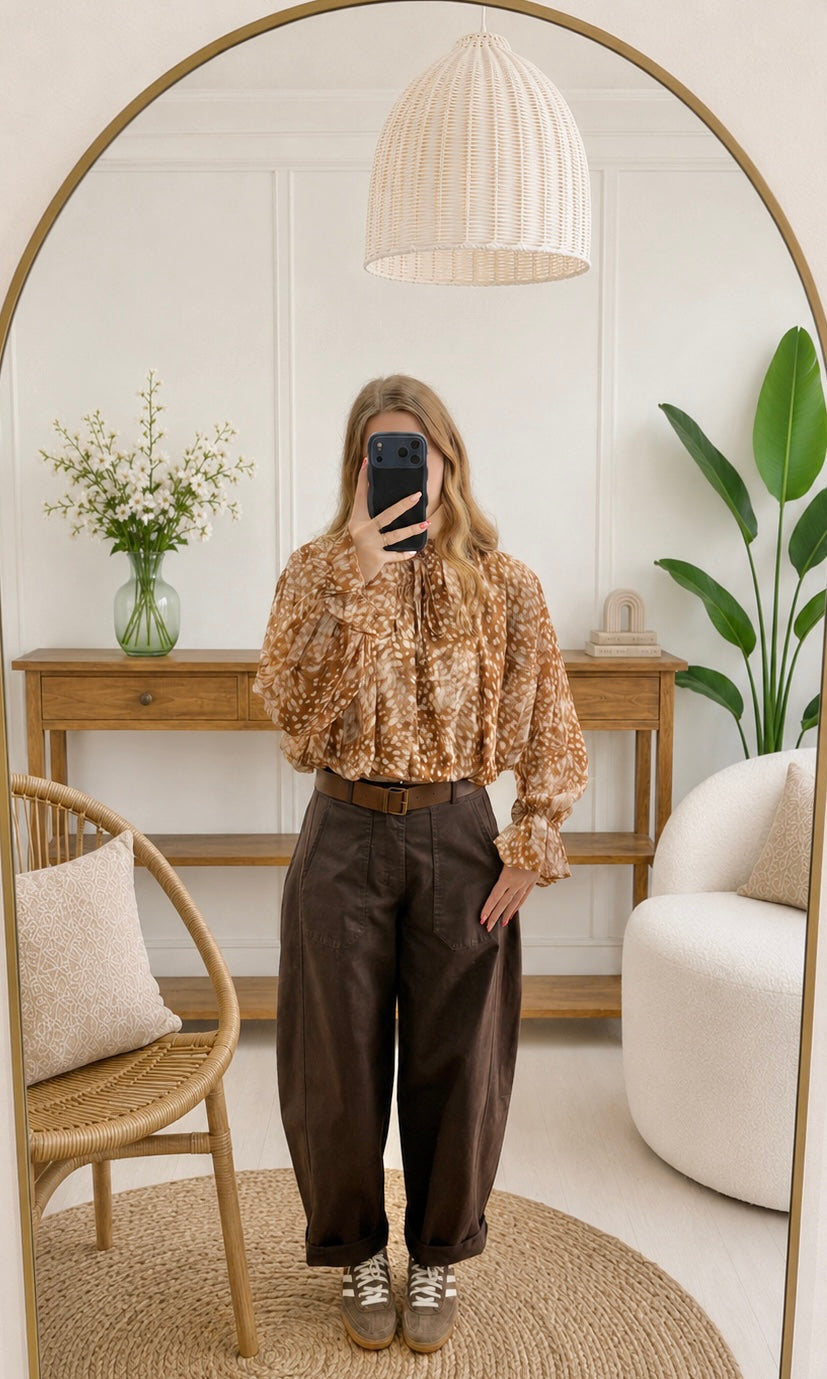 Nihan | Printed Long Sleeve Blouse with Tie Neck