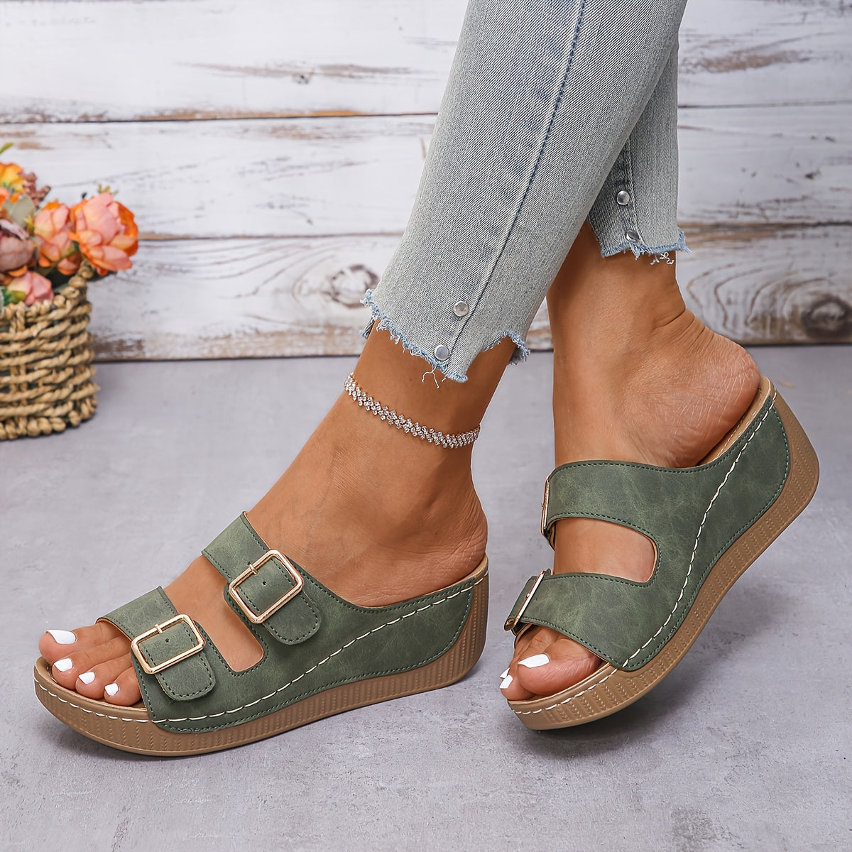 Zayira | Double Buckle Open Toe Wedge Sandals