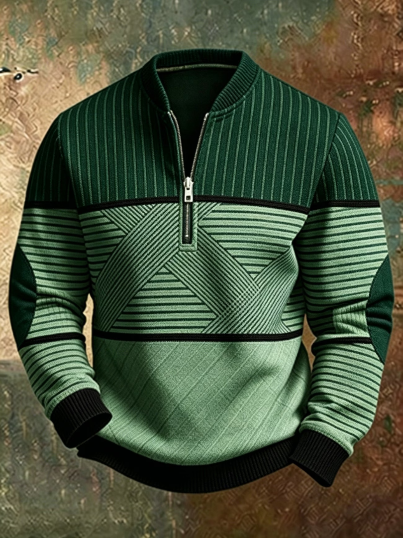 Theous | Long Sleeve Striped Jumper with Half Zip
