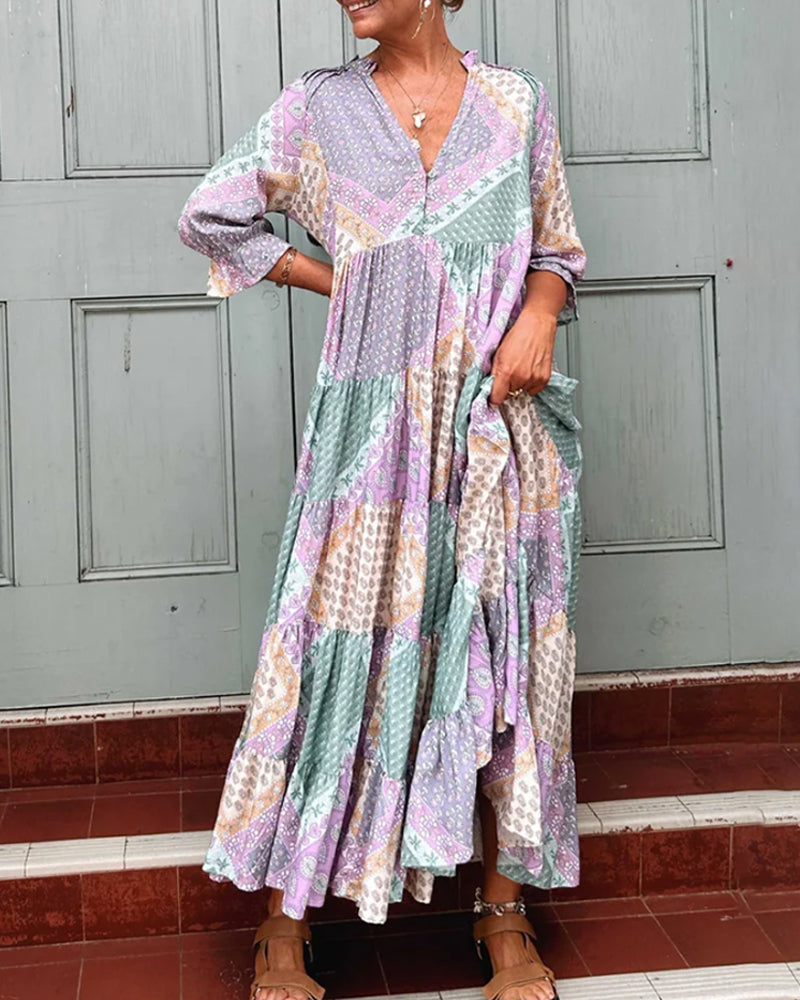 Gunilla | Patchwork Print V-Neck Maxi Dress