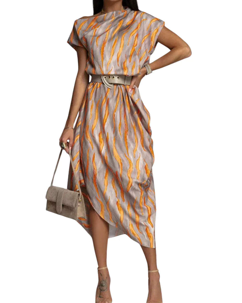 Angie - Asymmetric Printed Midi Dress With Belt