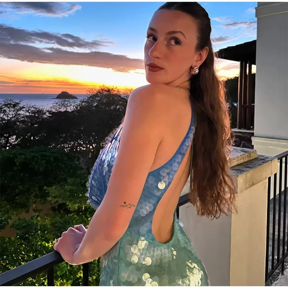 Baillie | Blue Halter Sequin Mini Dress