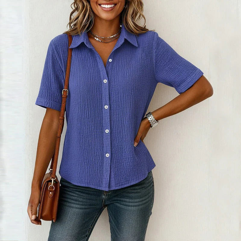 Selime | Short Sleeve Collared Button Front Blouse