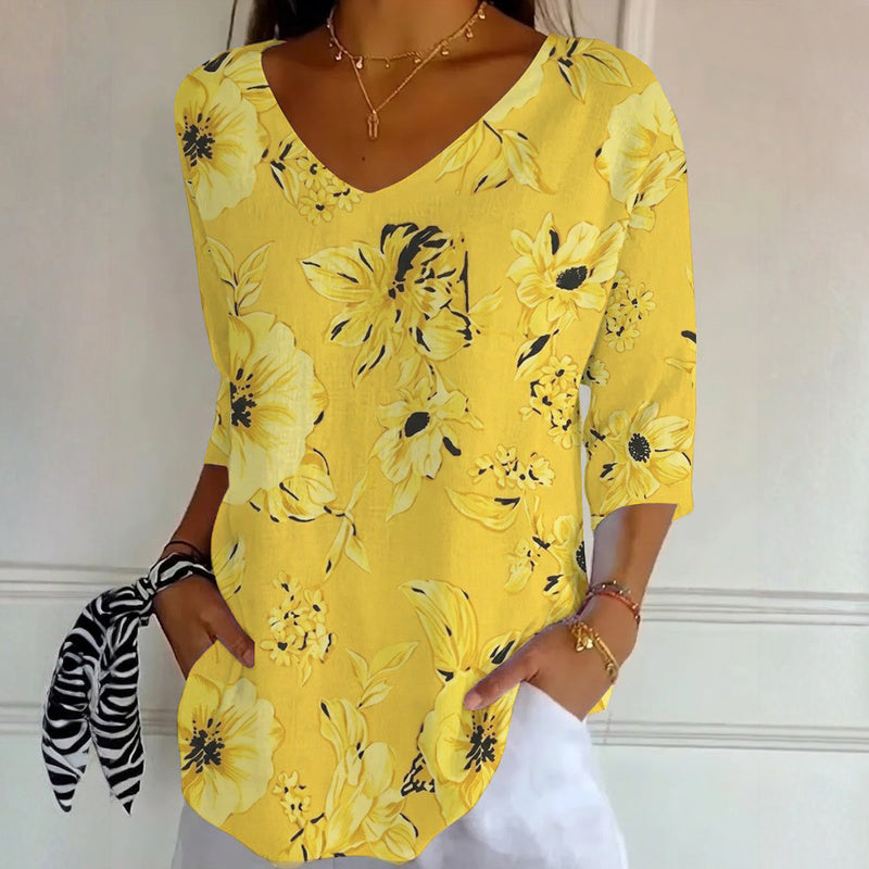 Shellen | Floral V-Neck Three-Quarter Sleeve Blouse
