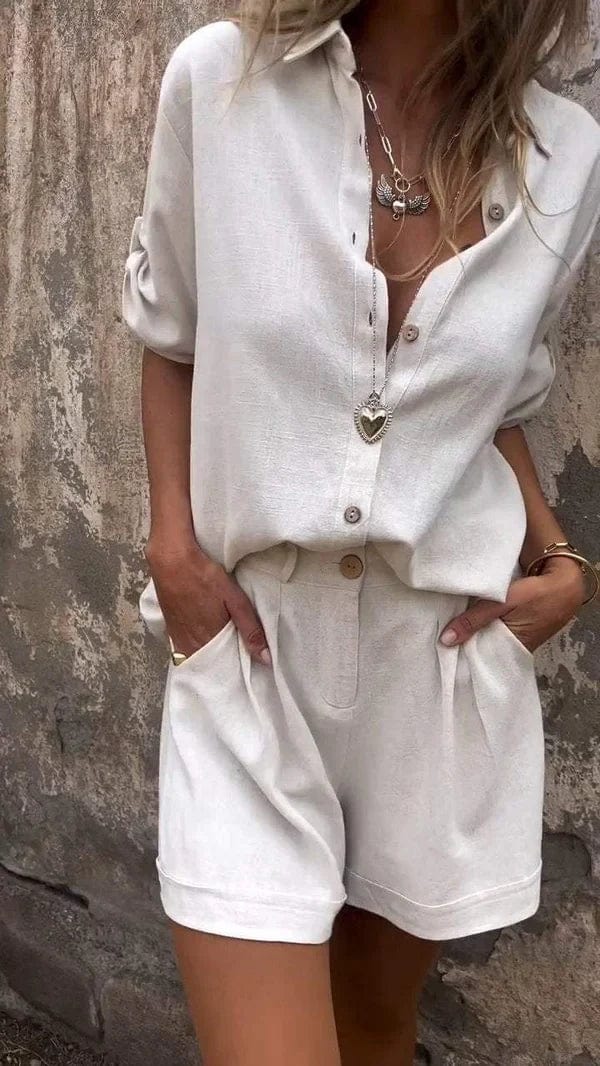 Dixie - Short Sleeve Button Front Blouse Shorts Set