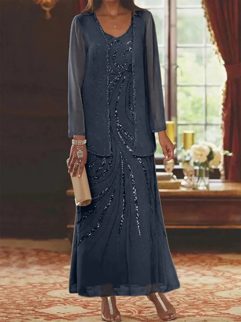 Jungmin | Chiffon Dress Set with Embellished Long Jacket