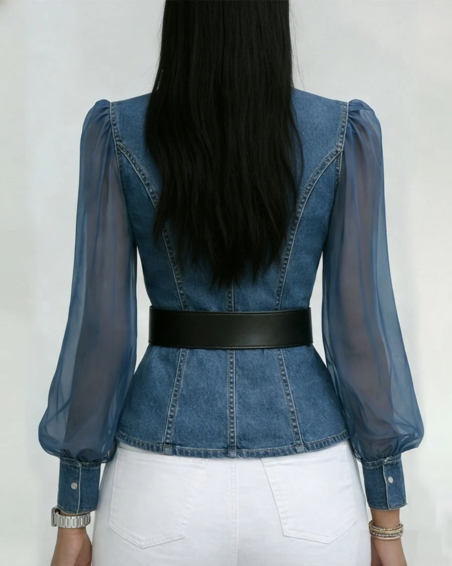 Vessa | Denim-Style Sheer Sleeve Belted Blouse