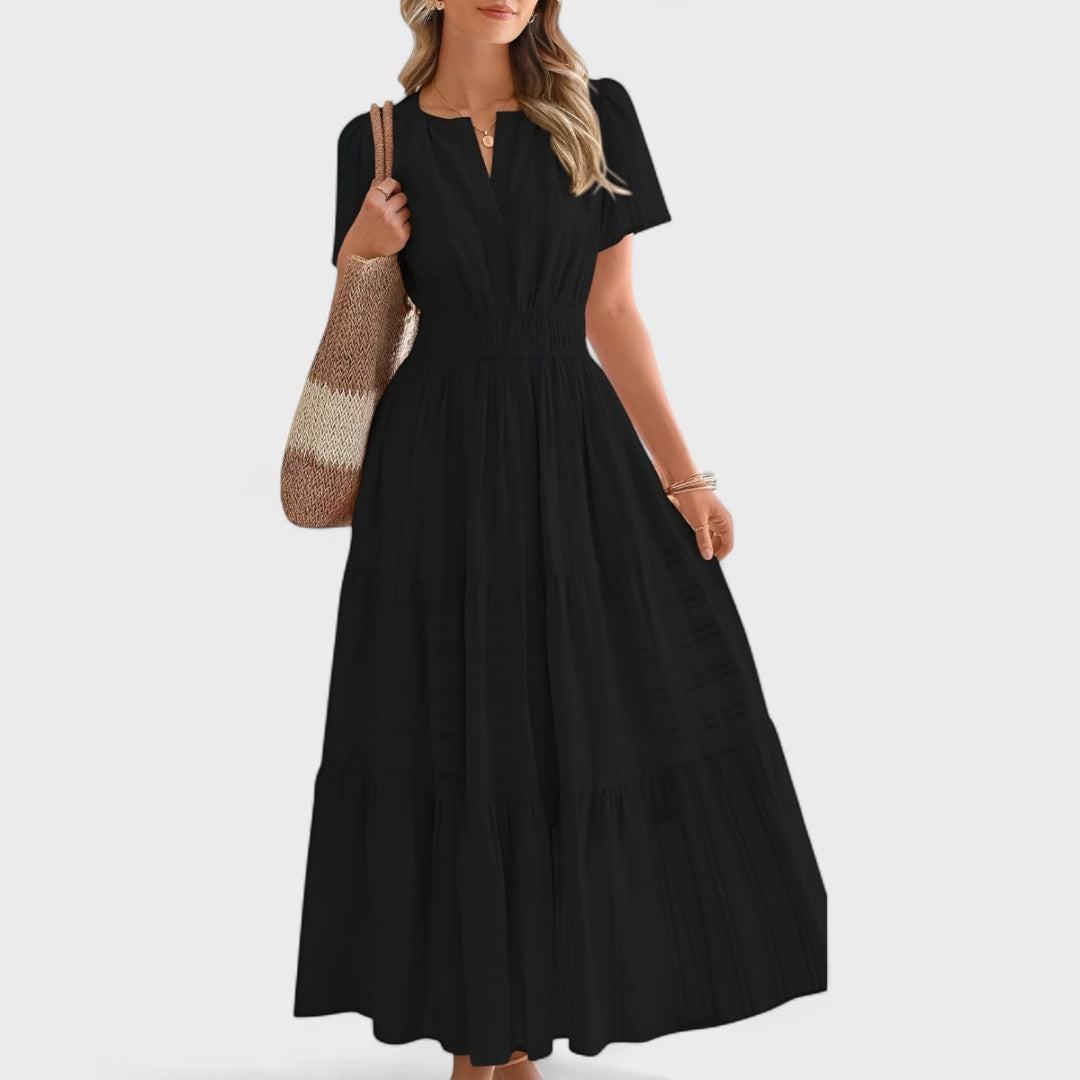Maura | Black Short Sleeve Shirred Waist Maxi Dress