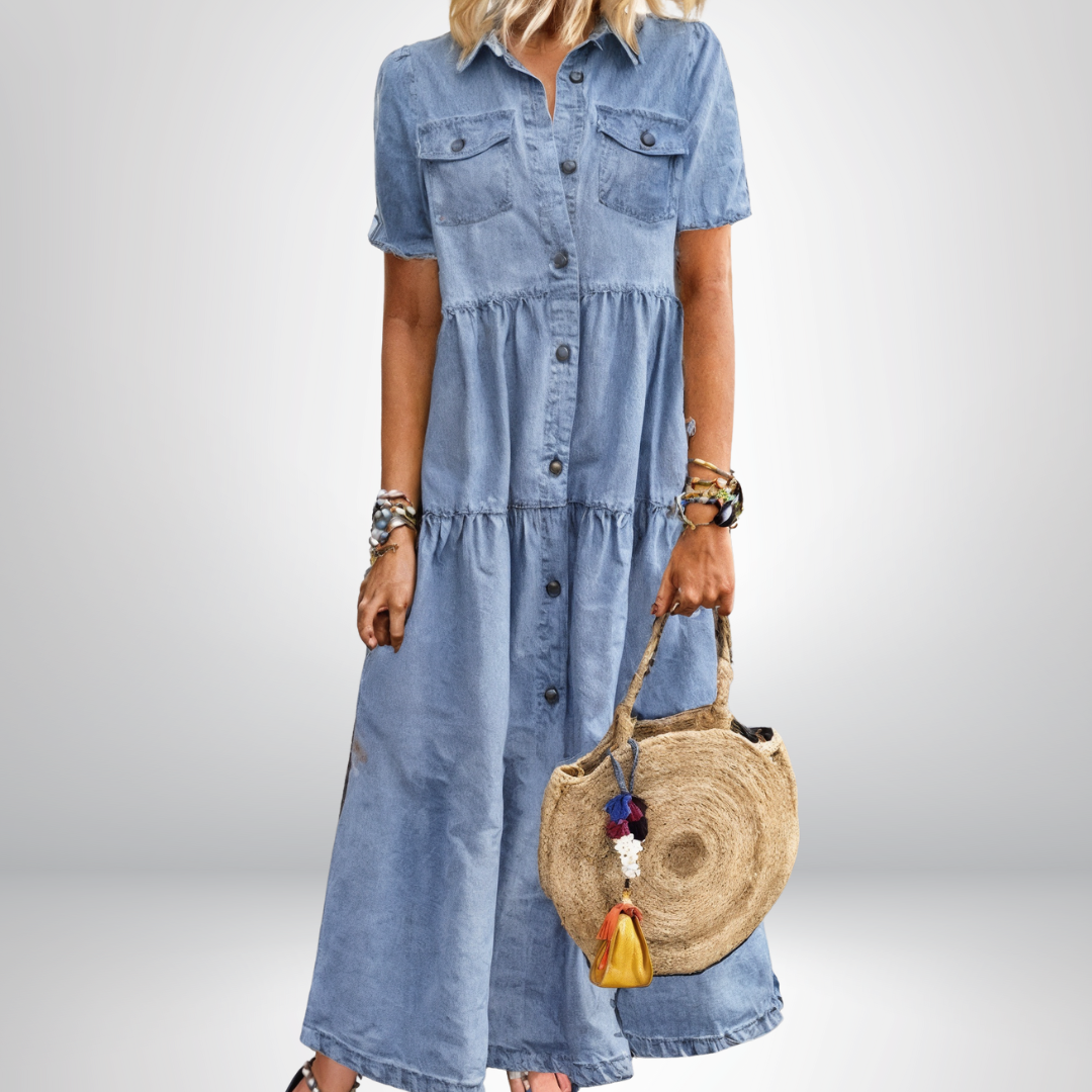 Leokadia | Denim Summer Dress Tiered Button Front