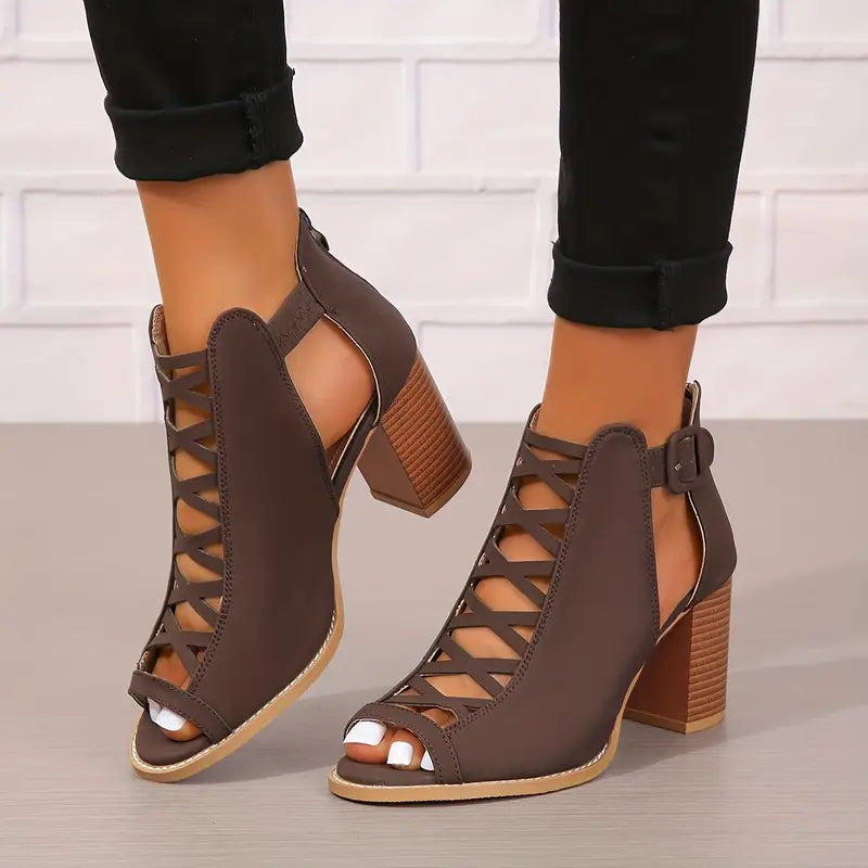 Ruzilya | Chunky Heel Peep Toe Lace-Up Sandals