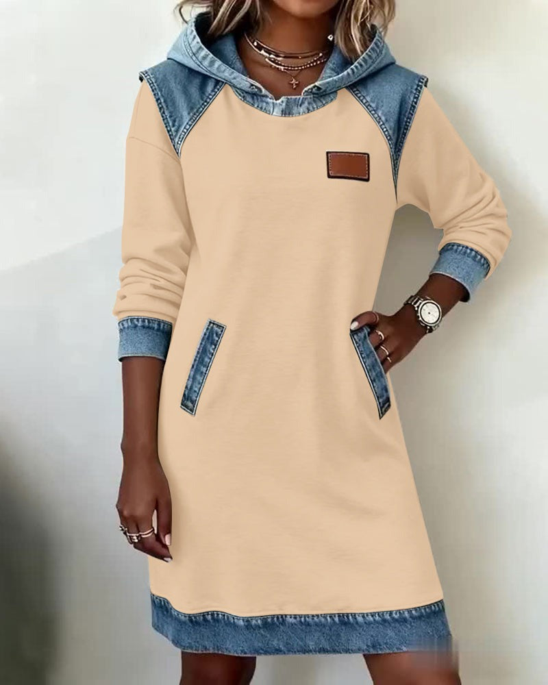 Viktoria - Hooded Denim Insert Midi Dress