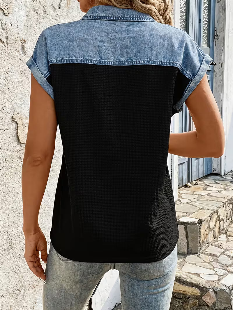 Haily | Cap Sleeve Button Front Collared Top