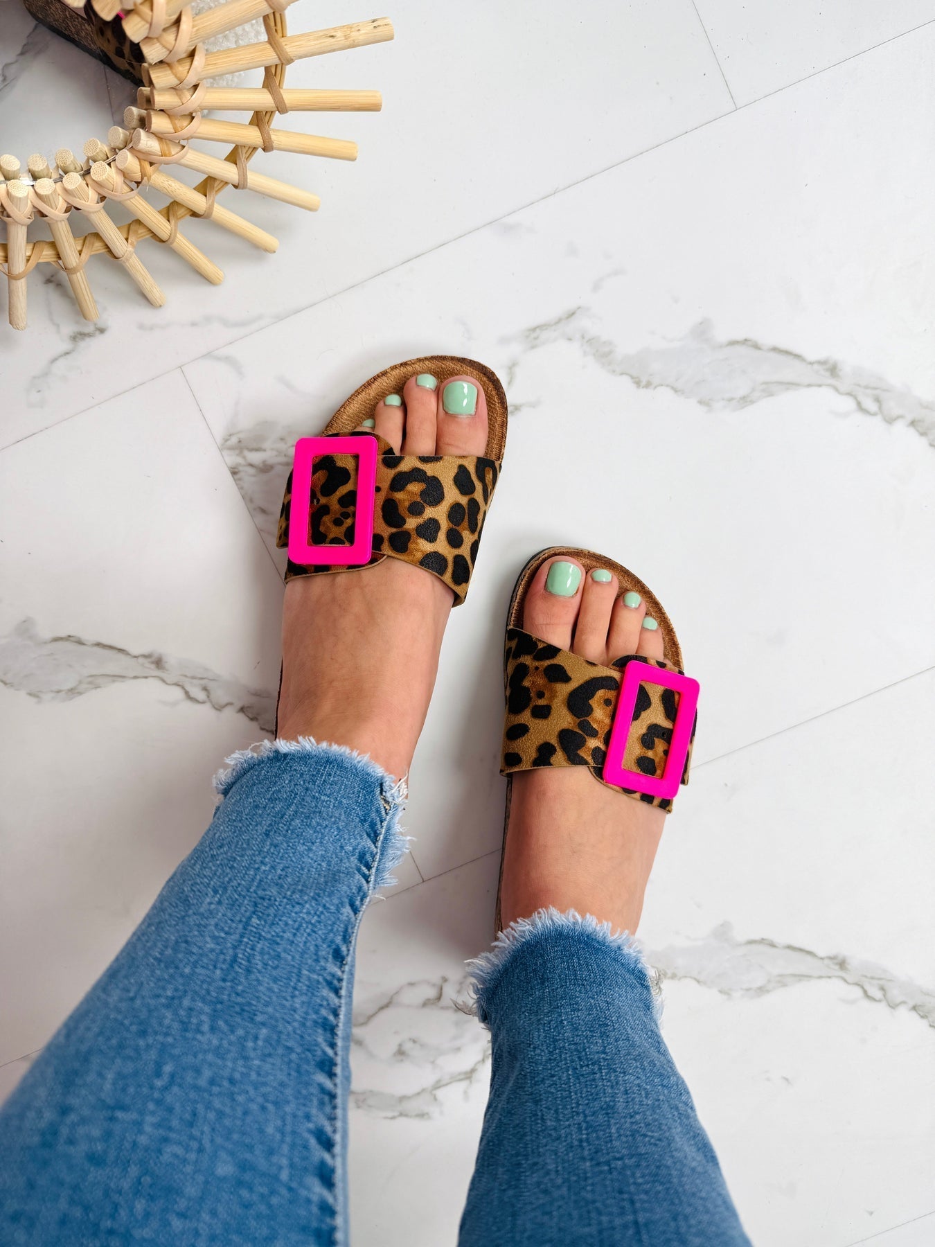 Nihya - Buckle Strap Slide Sandals Leopard Print