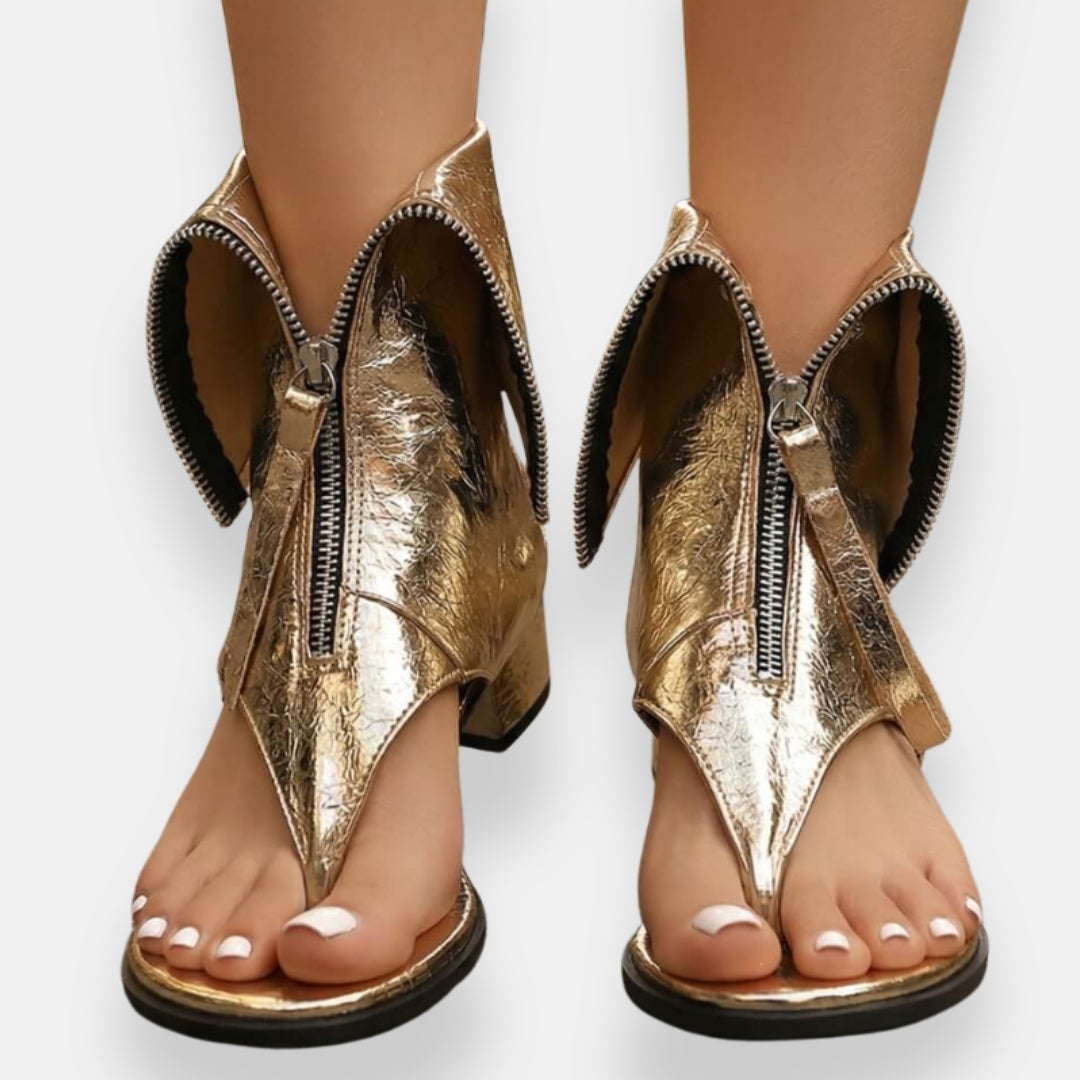 Sadiya | Metallic Zip Front Block Heel Sandals