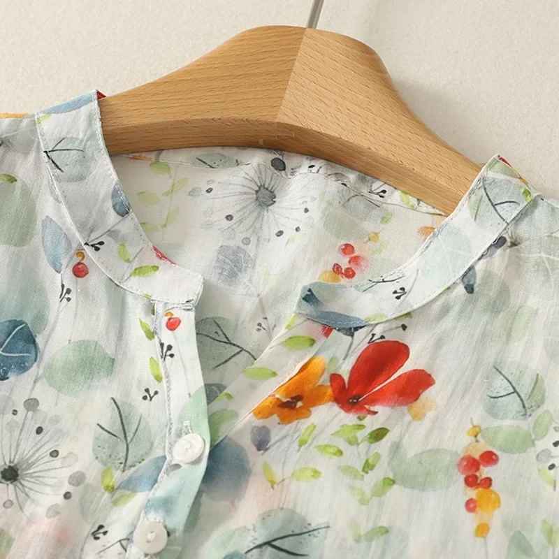 Rusina - Floral Print V Neck Button Blouse