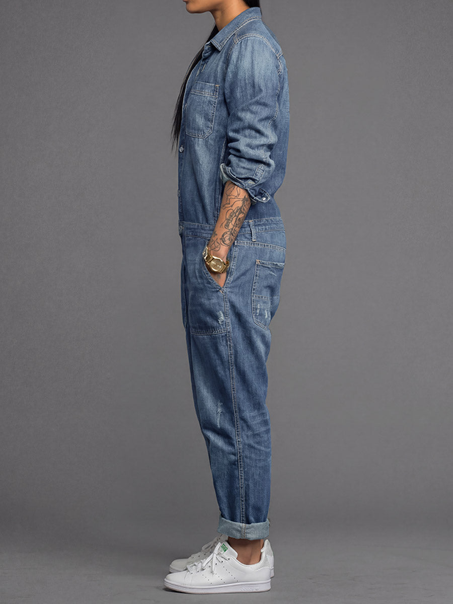 Ravina - Button Front Utility Denim Style Jumpsuit