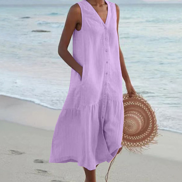 Maira | Sleeveless V Neck Button Midi Dress