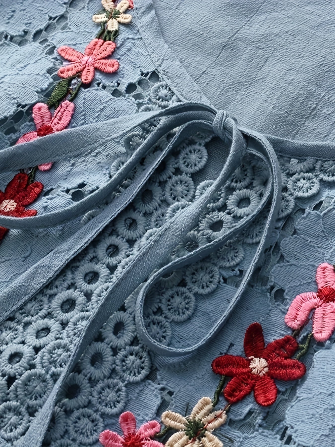 Esmeralda | Lace Trim Embroidered Tie Neck Blouse