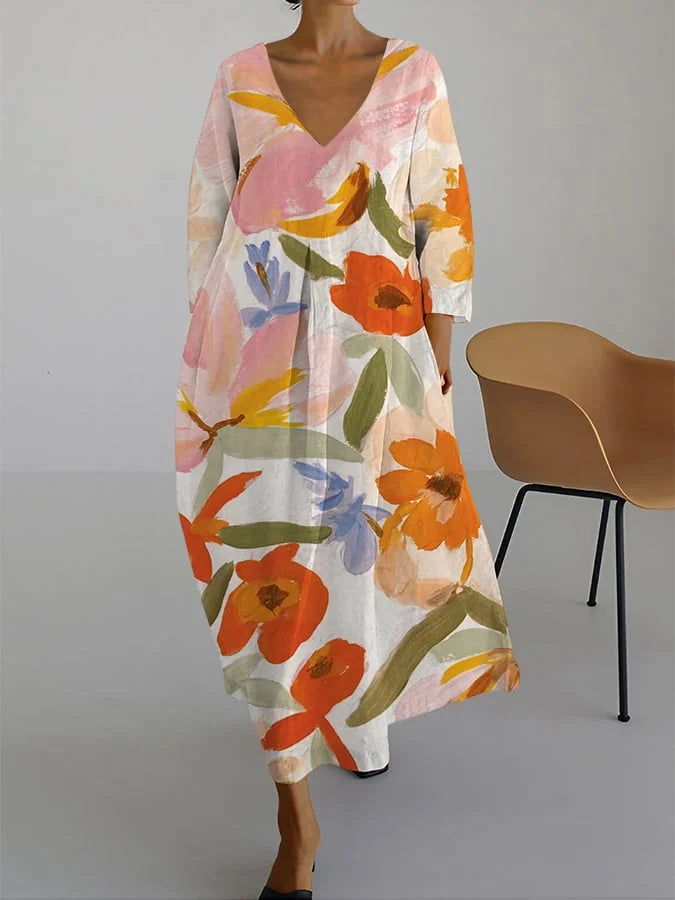 Lucasta | Floral Linen Short Sleeve Midi Dress
