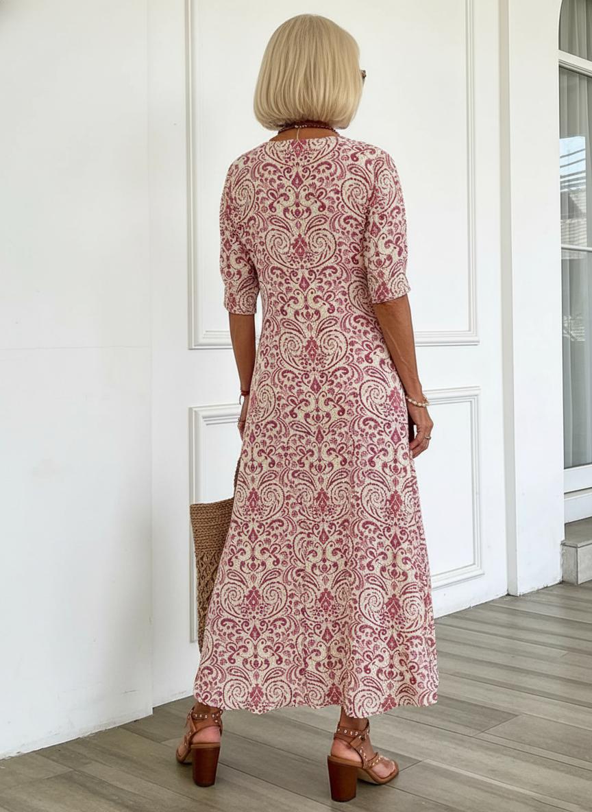 Zarmina | V-Neck Pink Paisley Midi Dress