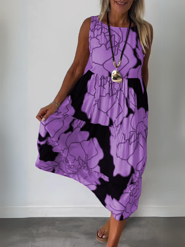 Hertha | Floral Print Sleeveless Tiered Midi Dress