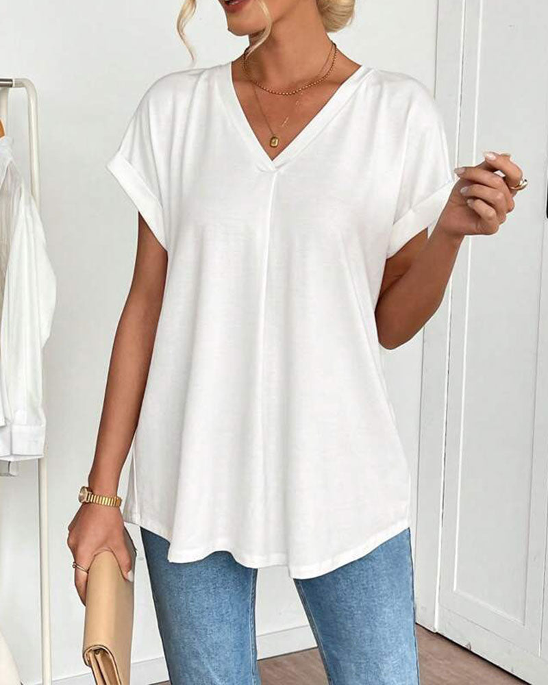 Liyanna - Patchwork V Neck Short Sleeve T Shirt