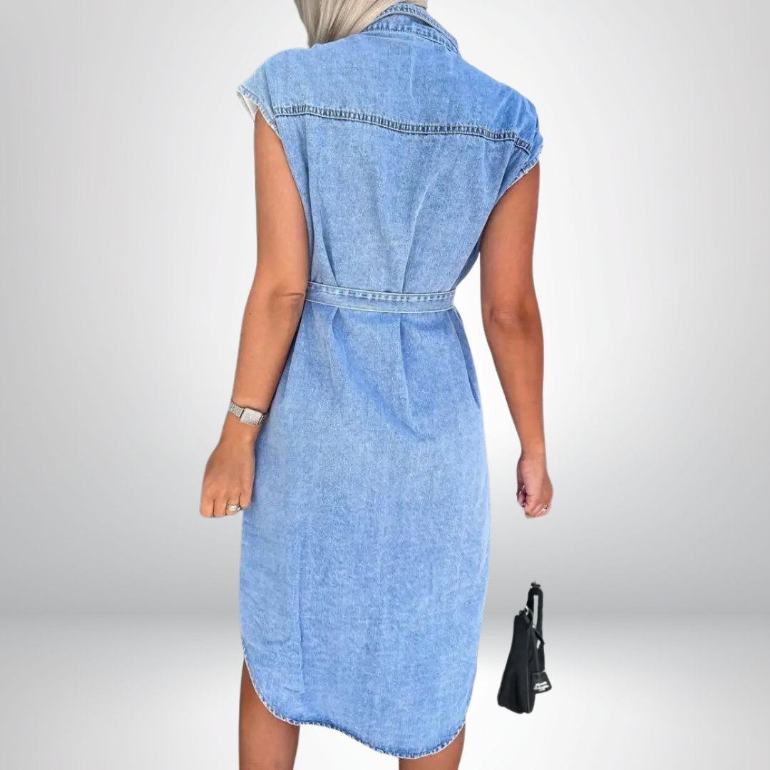 Aleksandra | Belted Denim Shirt Dress Sleeveless Button Front