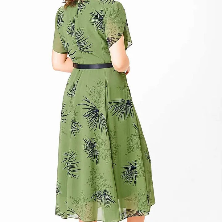 Basma | Green Leaf Print Short Sleeve Midi Dress