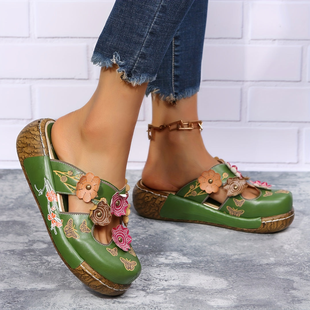 Oprah | Floral Appliqué Closed Toe Slip On Clogs