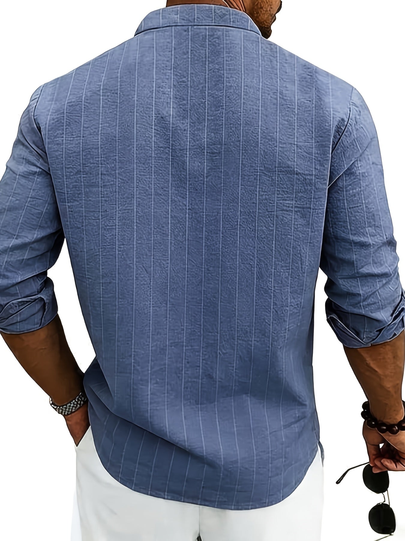 Leslie | Striped Band Collar Button Shirt