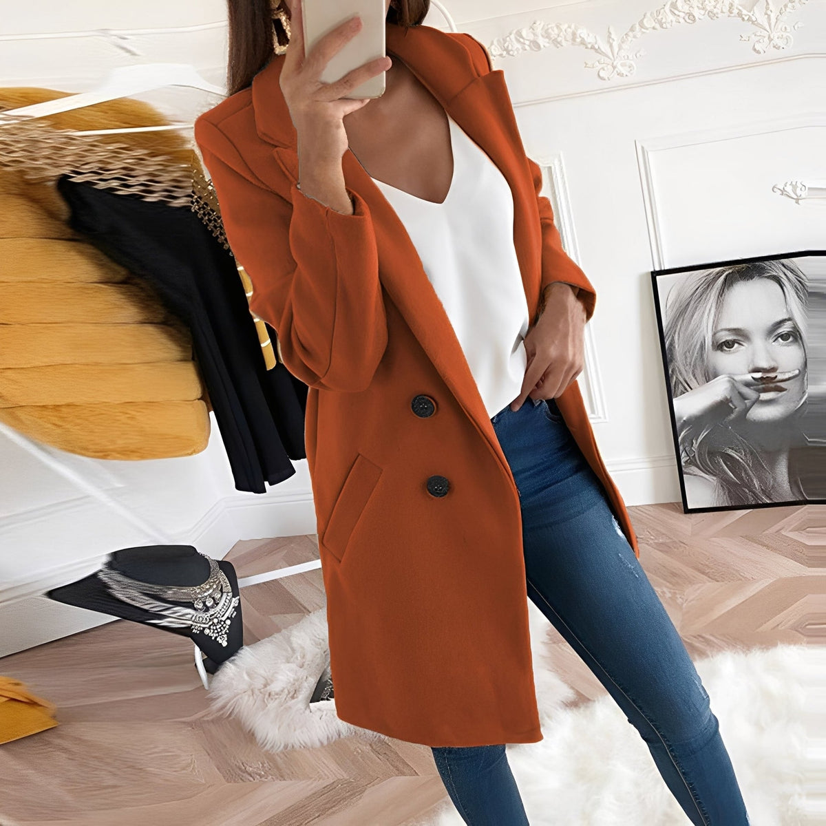 Casey | Thigh Length Coat with Notched Lapels