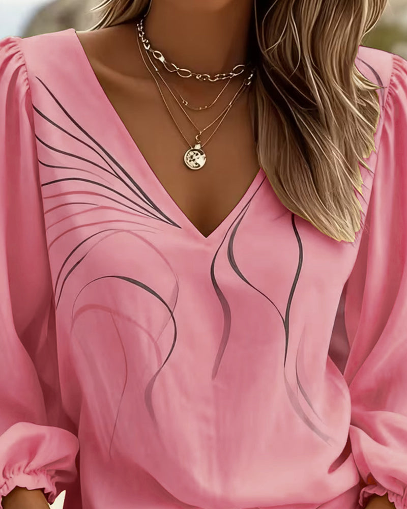 Solyna | V Neck Printed Puff Sleeve Blouse