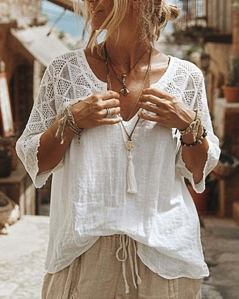 Essien - Lace Sleeve Loose Fit V Neck Blouse