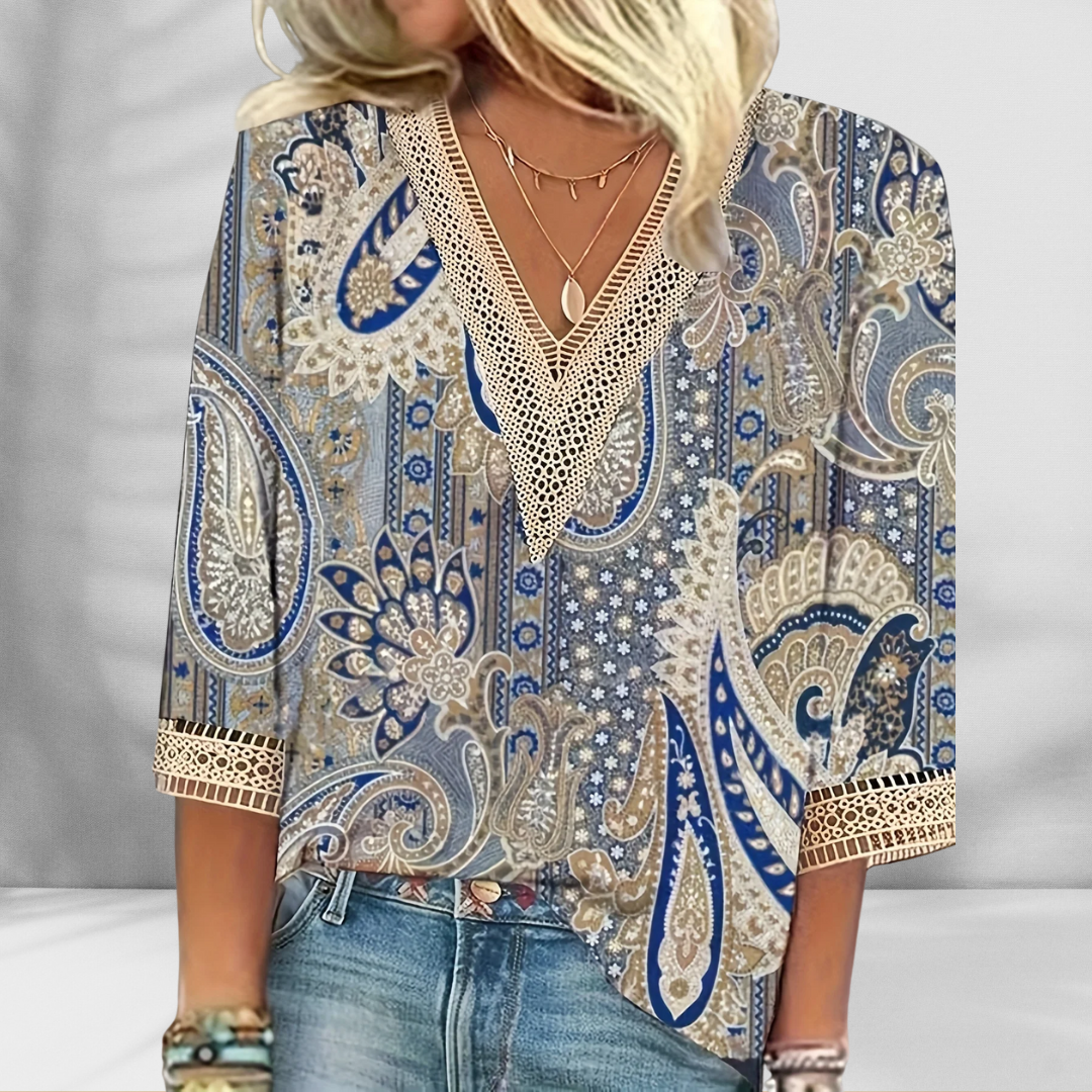 Maricela | Blouse V Neck Printed Lace Trim