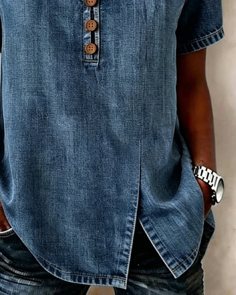 Lyjena - Denim Style V Neck Button Blouse