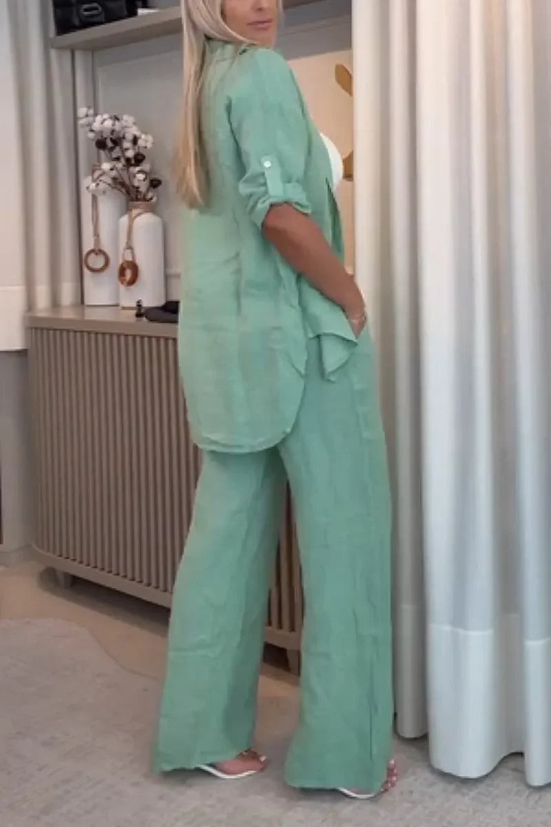 Methme | Green Linen Shirt Trouser Set