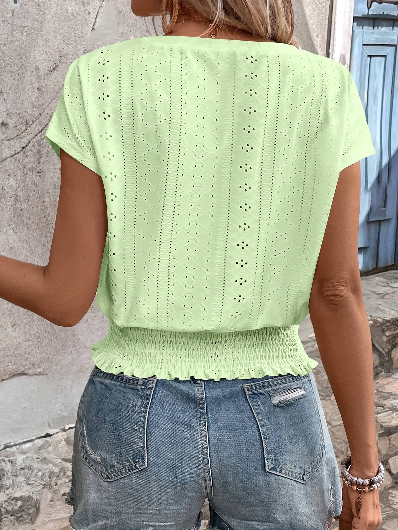 Delores - Batwing Sleeve V Neck Smocked Blouse