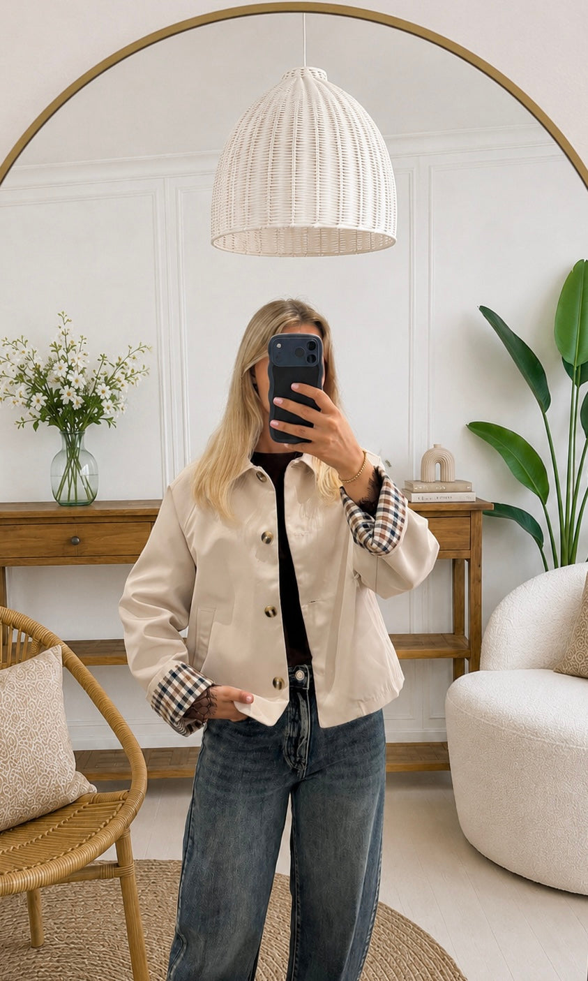Ayla | Cropped Button Jacket with Checkered Cuffs