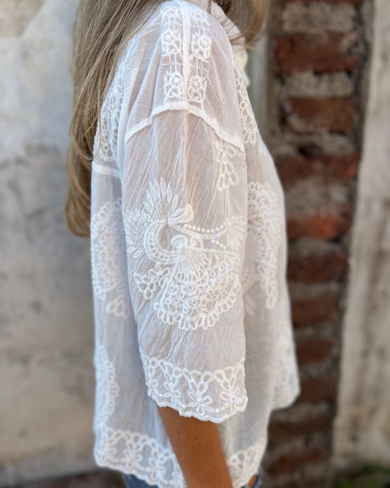 Lorrie | Embroidered Lace Trim Button Front Blouse