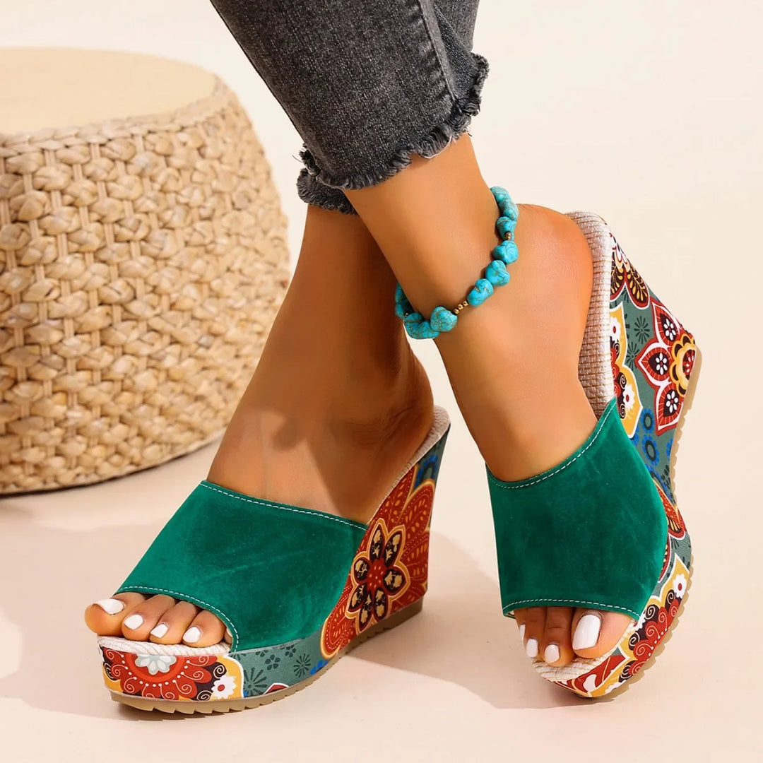 Laerke - Floral Print Wedge Slide Sandals